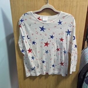 Morning Sun Sz Med Womens White Star Print Rhinestone Long Sleeve Cotton Top‎